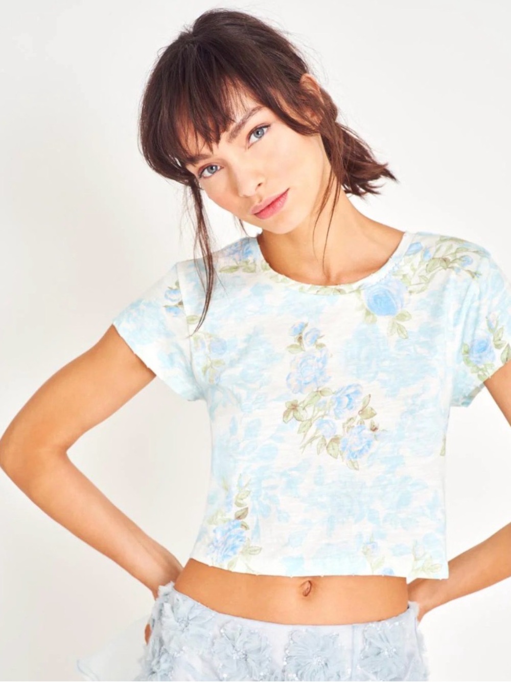 LoveShackFancy Rubin Cropped Tee in Baby Blue Promise Size XS